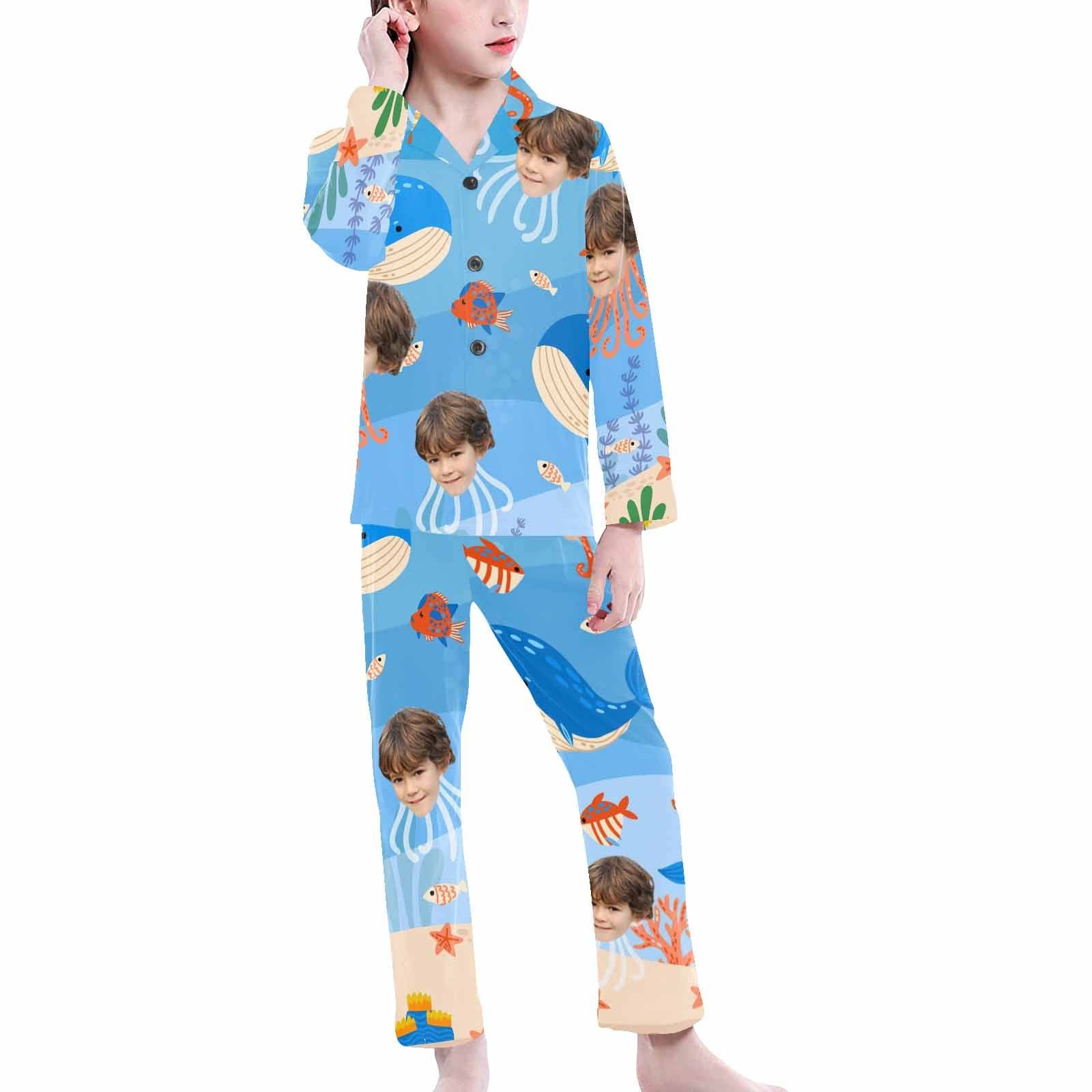 Custom Big Kids Pajamas Whale Seabed Pajamas with Face Custom Photo Personalized Pajama Set For Girls 8-15Y - YesCustom