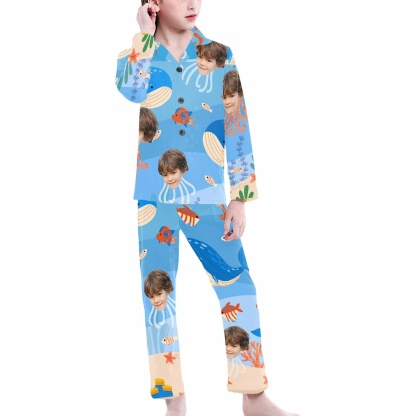 Custom Big Kids Pajamas Whale Seabed Pajamas with Face Custom Photo Personalized Pajama Set For Girls 8-15Y - YesCustom