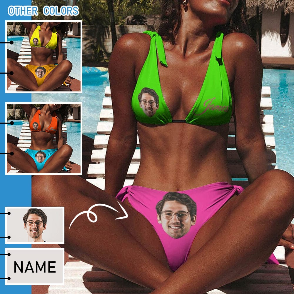 Custom Face& Name Bright Color Deep V Neck Tie Side Low Waisted Triangle Bikini Personalized Bathing Suit Women's Two Piece Swimsuit Summer Beach Pool Outfits