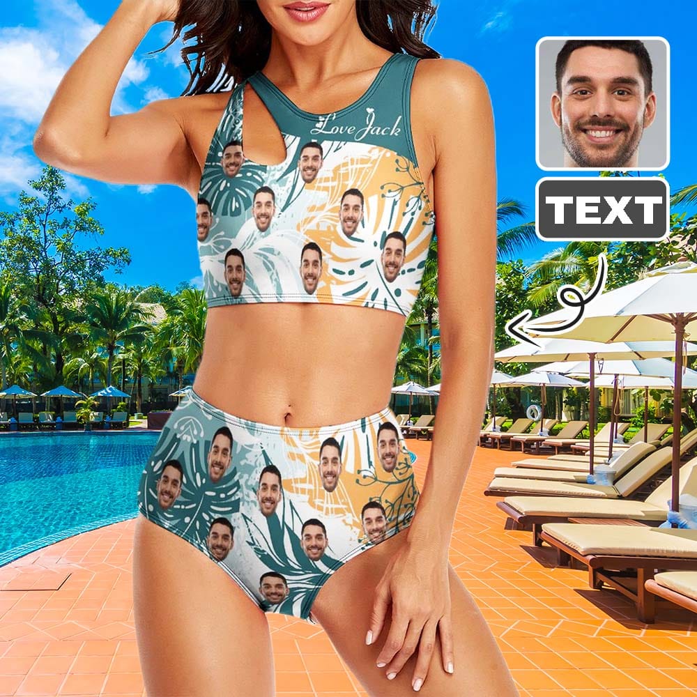 Custom Face&Text Leaves Cutout Top High Waisted Two Piece Swimsuit