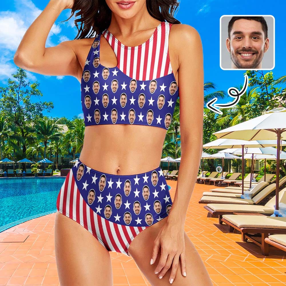 Custom USA Flag Cutout Top High Waisted Bikini Two Piece Swimsuit