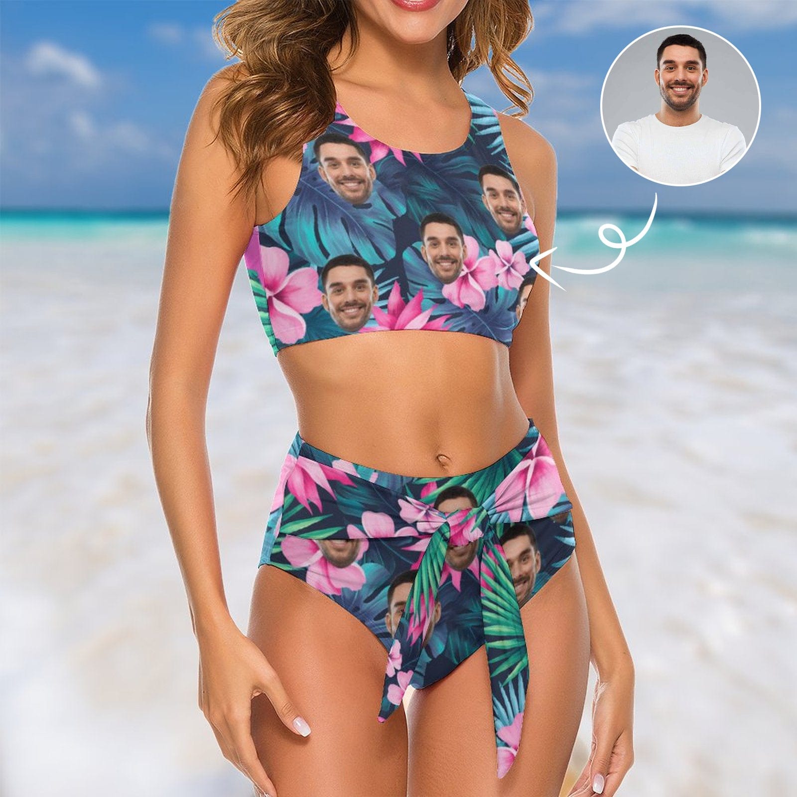 Custom Husband Face Tropical Plants Personalized Women Bikini Swimsuit