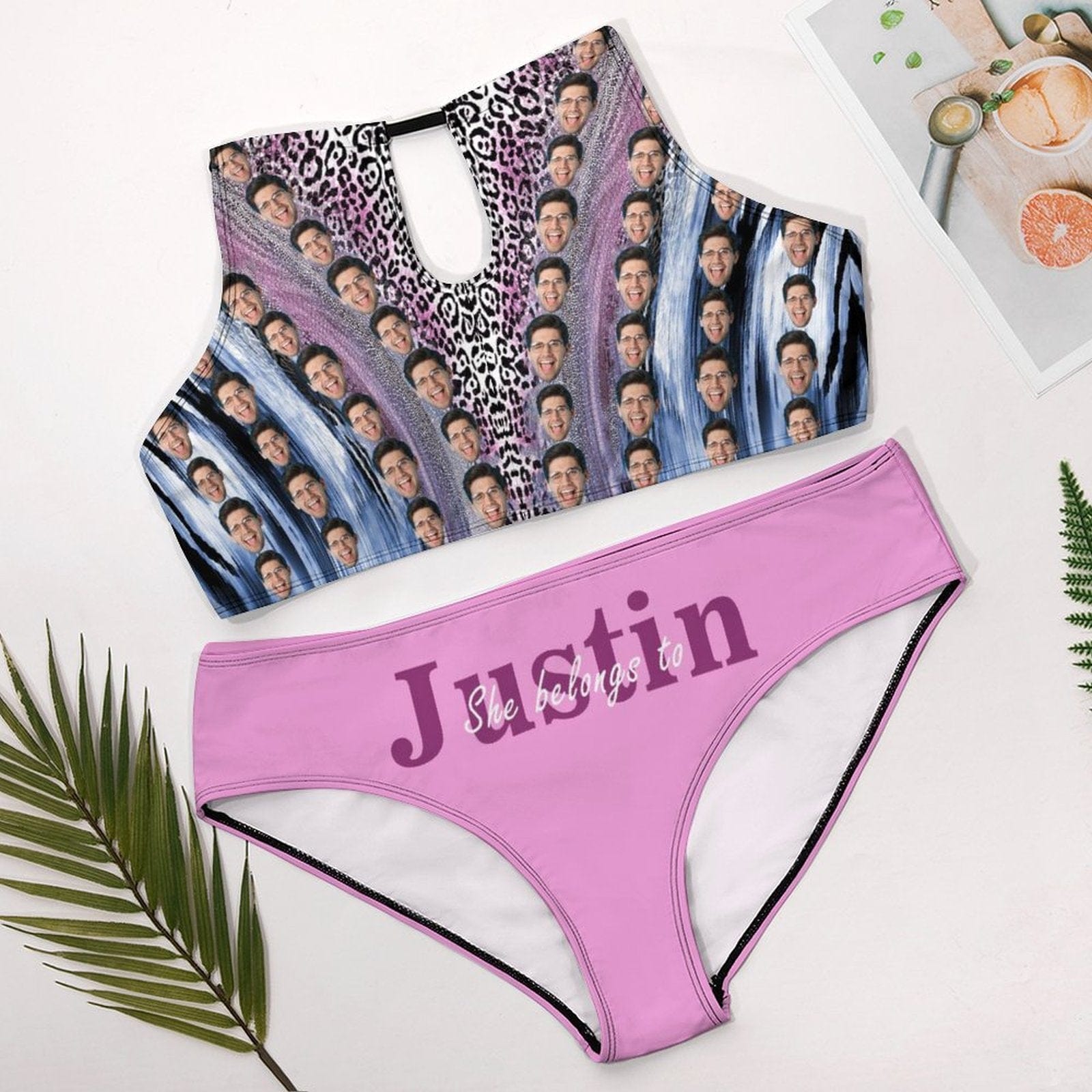 Custom #Plus Size Halter Bikini-Custom Face&Name She Belongs To Plus Size Swimsuit High Neck Cutout High Waisted Bikini Personalized Women's Two Piece Swimsuit Beach Outfits - YesCustom