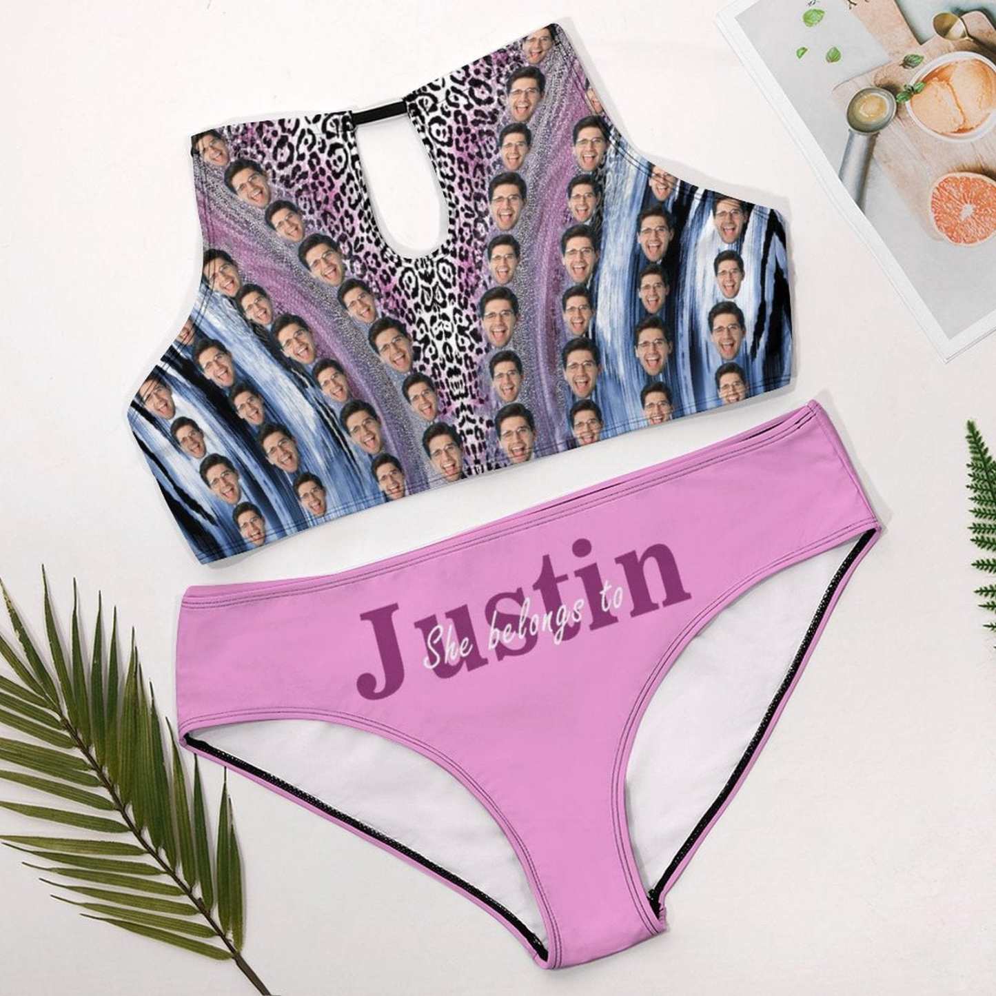 Custom #Plus Size Halter Bikini-Custom Face&Name She Belongs To Plus Size Swimsuit High Neck Cutout High Waisted Bikini Personalized Women's Two Piece Swimsuit Beach Outfits - YesCustom
