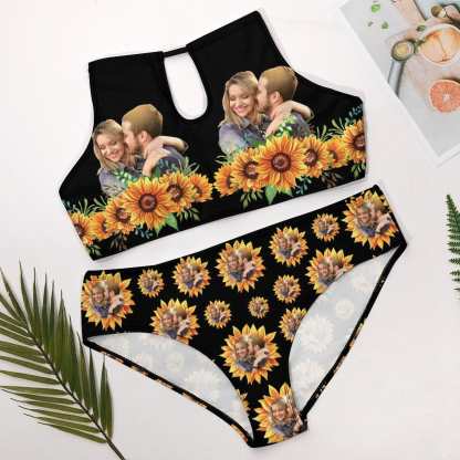 Custom #Plus Size Halter Bikini-Custom Photo Black Sunflower Plus Size Swimsuit High Neck Cutout High Waisted Bikini Personalized Women's Two Piece Swimsuit Beach Outfits - YesCustom