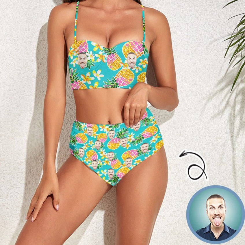 Custom Face Pineapple Flowers Two-piece Highe Waist Bikini Swimsuit