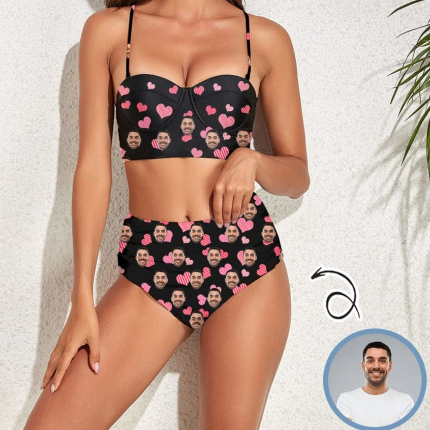 Custom Face Pink Heart Black Highe Waist Bikini Two-piece Swimsuit