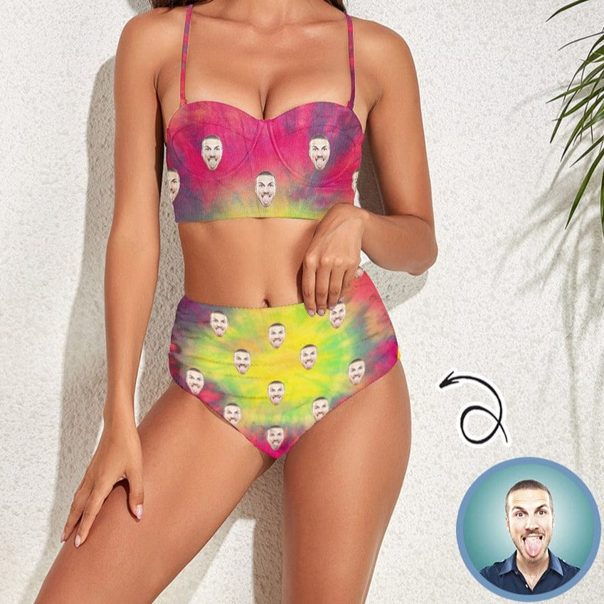 Custom Face Tie-dye Bright Color Two-piece Highe Waist Bikini Swimsuit