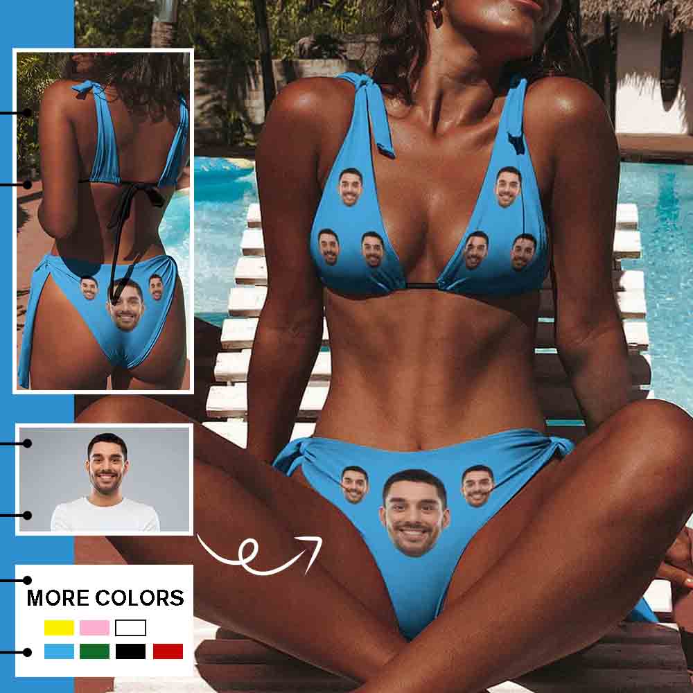 Custom Face Solid Color Deep V Neck Tie Side Low Waisted Triangle Bikini Personalized Bathing Suit Women's Two Piece Swimsuit Summer Beach Pool Outfits