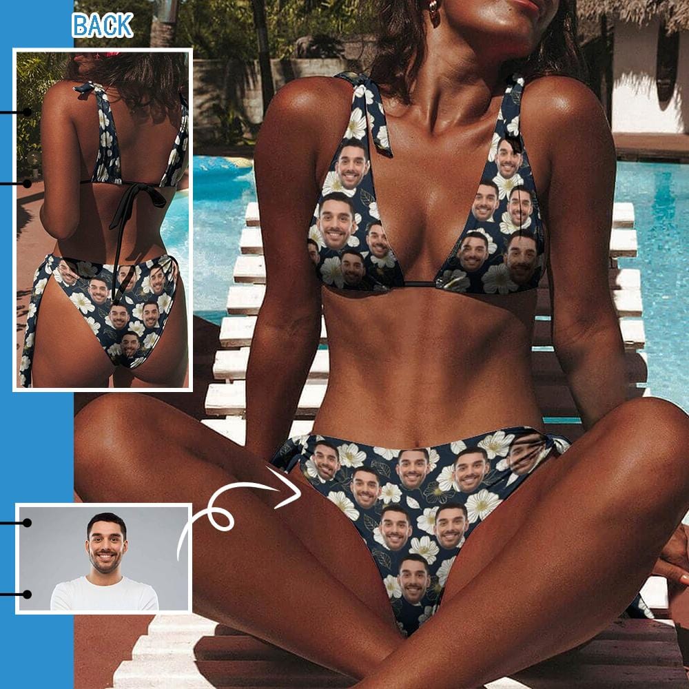 Custom Face White Flower Deep V Neck Tie Side Low Waisted Triangle Bikini Personalized Bathing Suit Women's Two Piece Swimsuit Summer Beach Pool Outfits