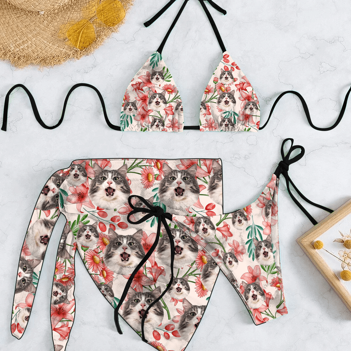 Custom Pet Face Red Flowers Bikini&Cover Up Set Women's Triangle Bikini Beach Wrap