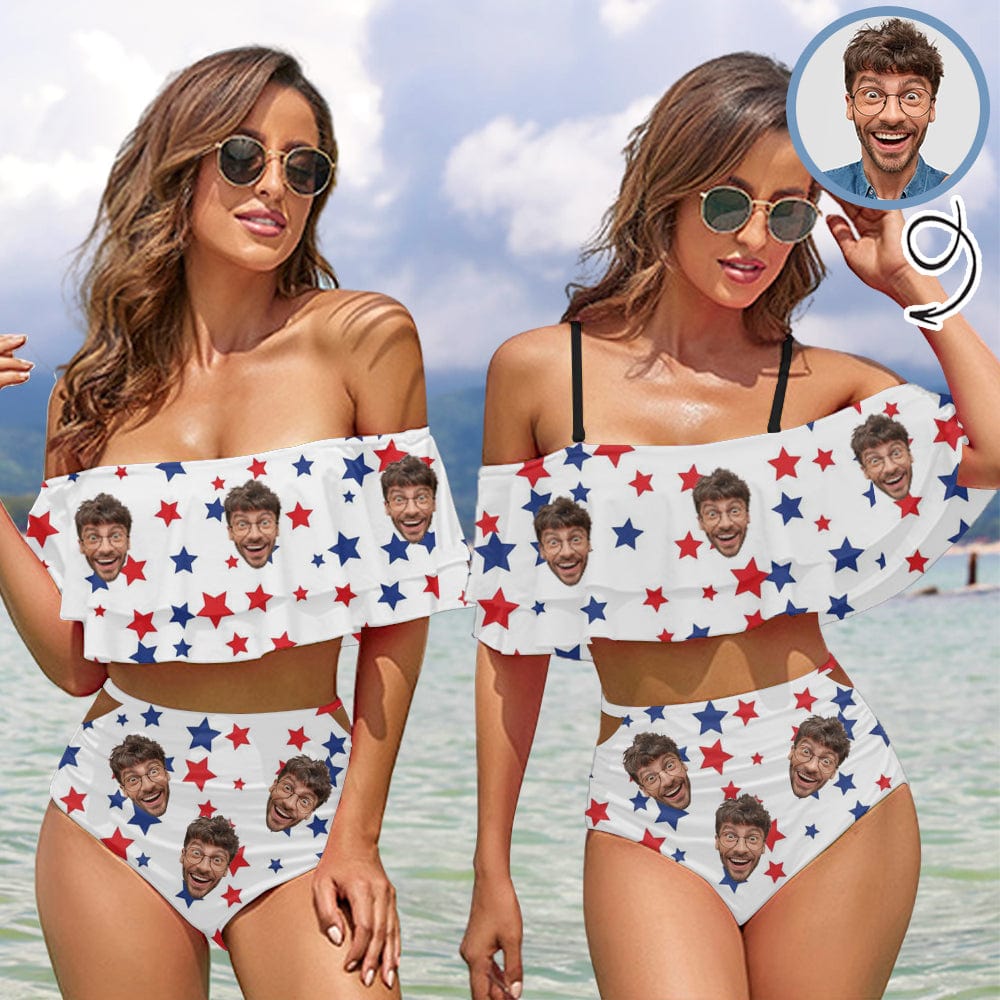Custom Face Pentagram White Two-Piece Ruffle High Waisted Bikini Set