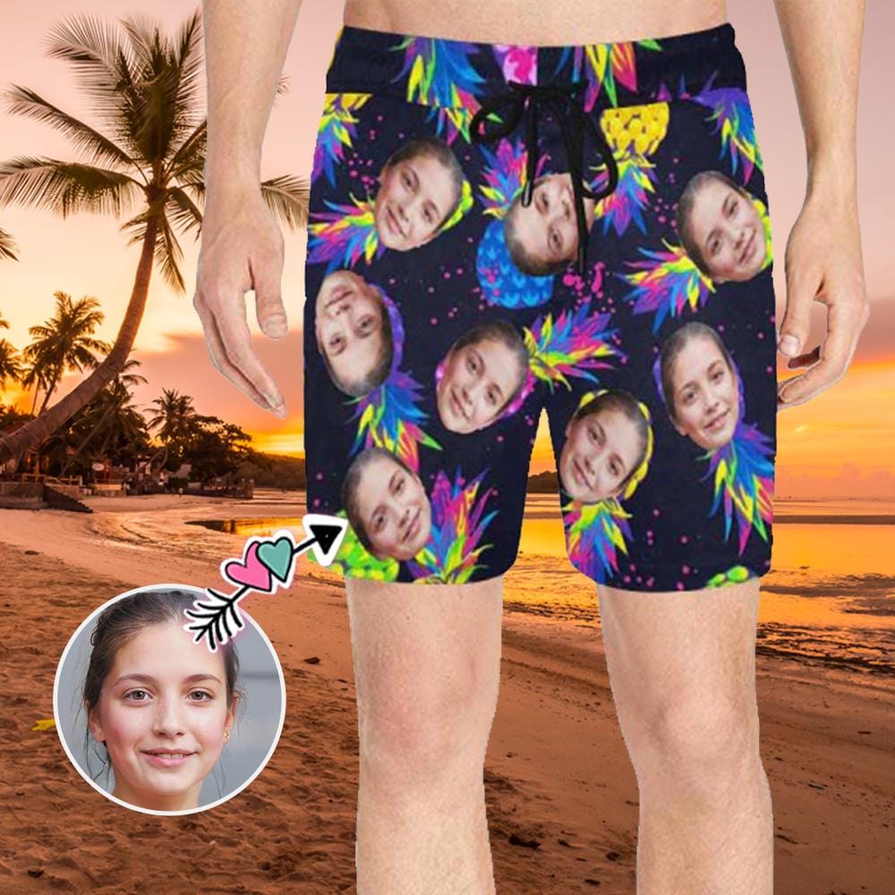 Custom Face Colorful Pineapple Mens Swim Shorts Funny Swim Trunks