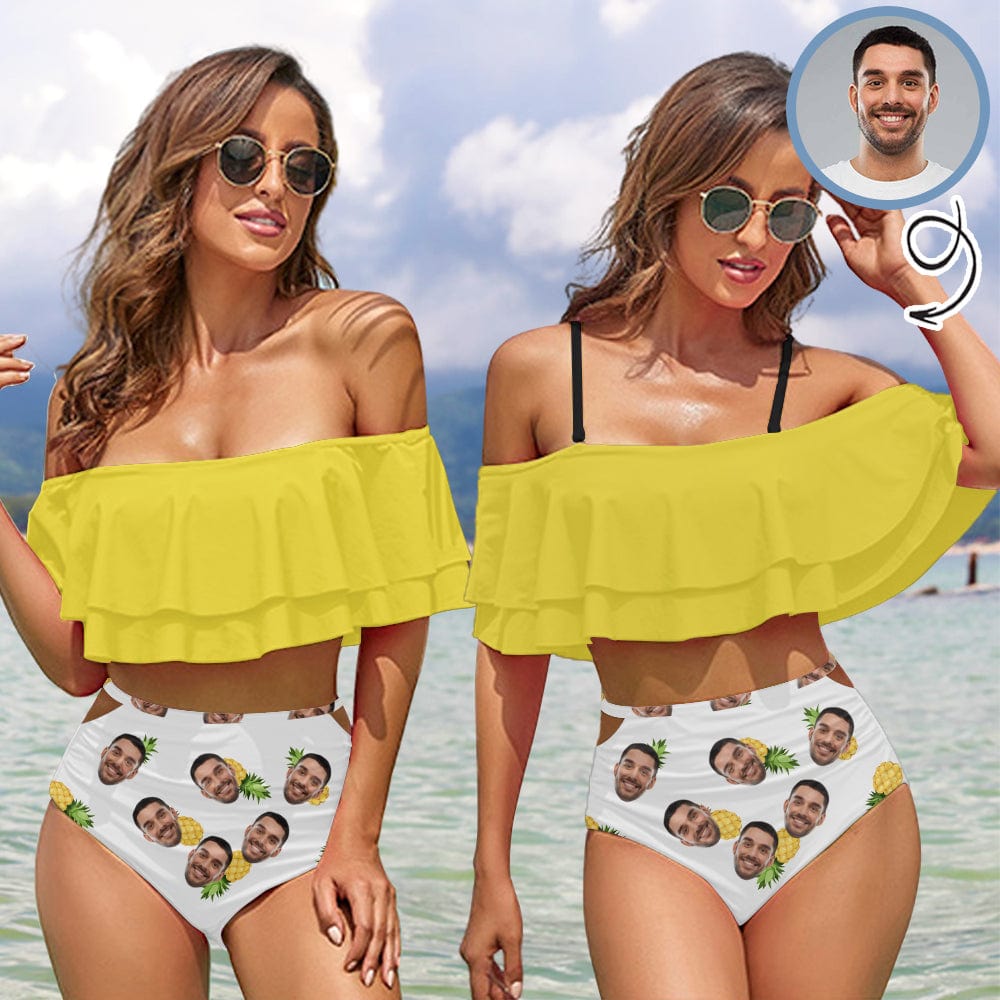 Custom Face Pineapple Yellow Ruffle High Waisted Flounce Bikini Set