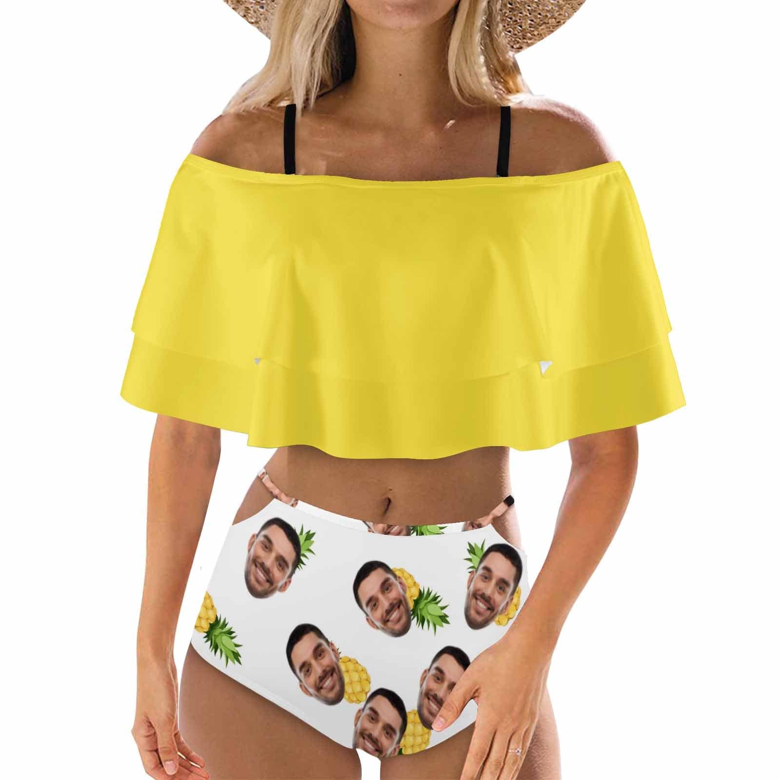 Custom Face Pineapple Yellow Women's Two-Piece Off Shoulder or Sling 2 Ways to Wear Ruffle High Waisted Bikini Set