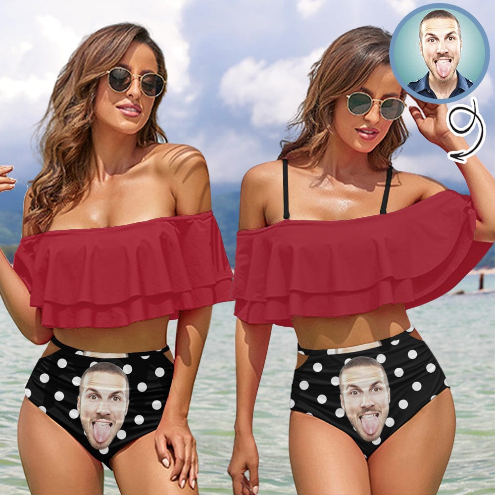 Custom Face Polka Dots Red Women Ruffle High Waisted Flounce Bikini