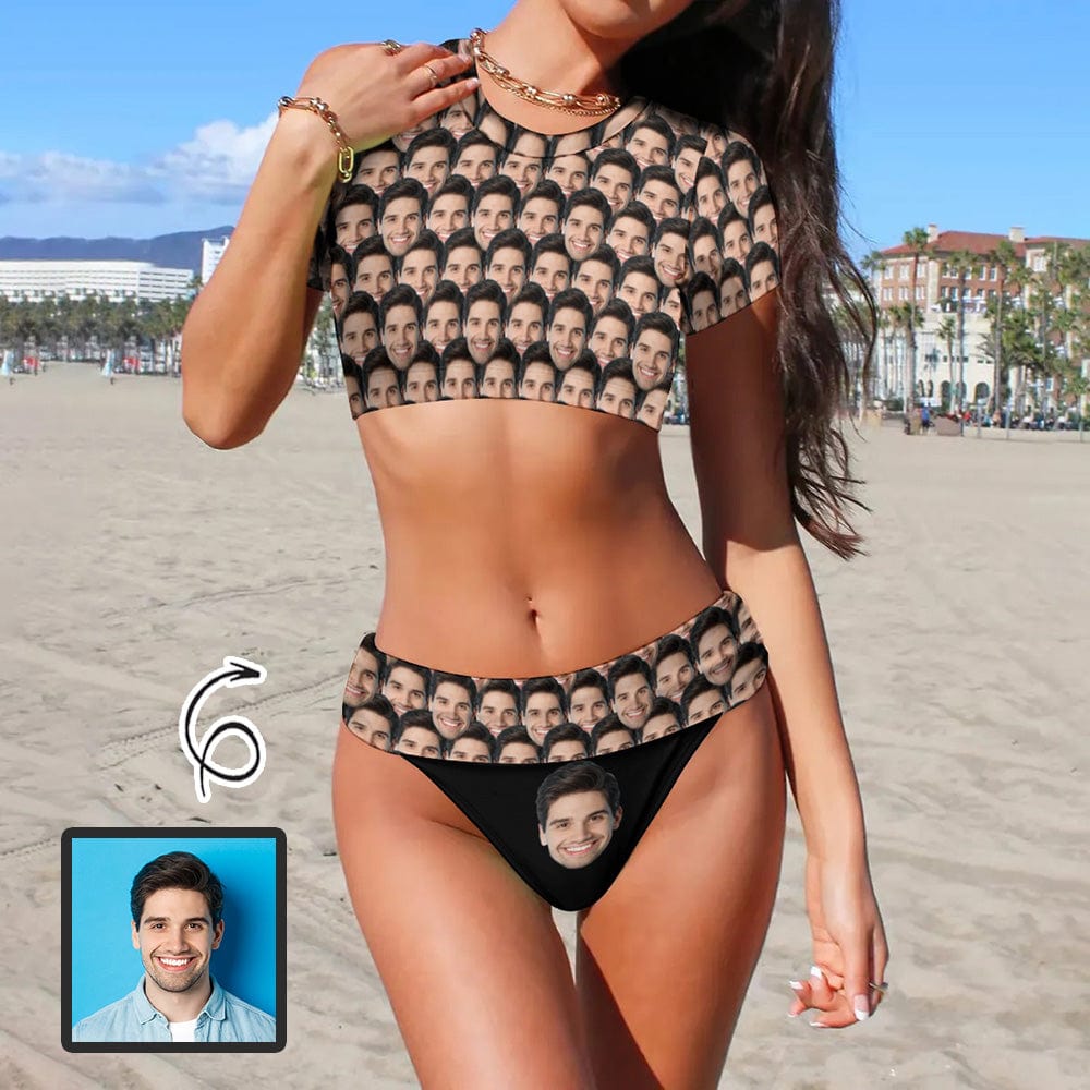 Custom Face Seamless Short Sleeve Crew Neck Bikini Personalized Women's Two Piece Swimsuit Beach Outfits
