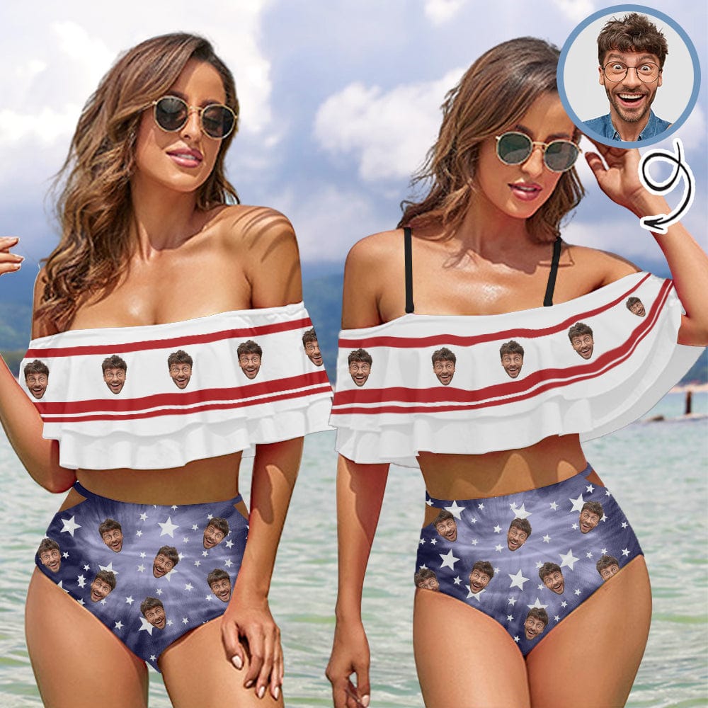 Custom Face Stars White&Blue Two-Piece Ruffle High Waisted Bikini Set