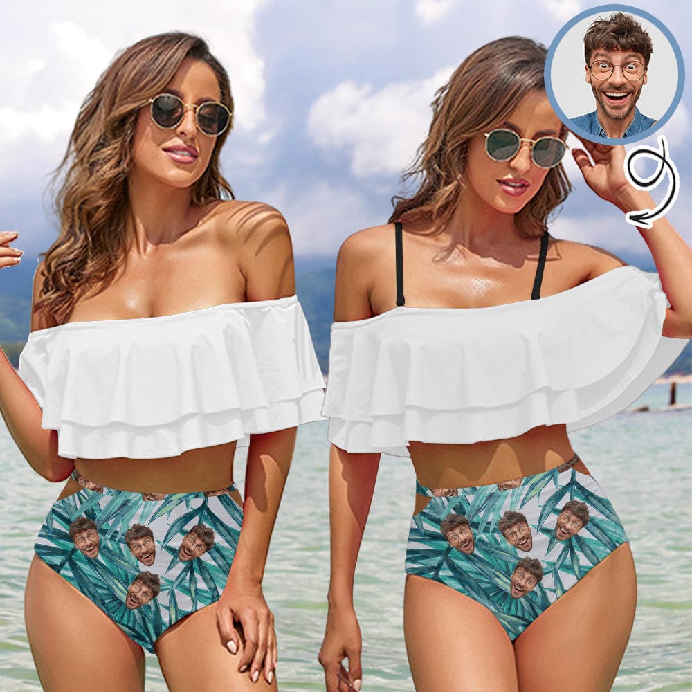 Custom Face Rainforest Leaves White Women Ruffle High Waisted Bikini