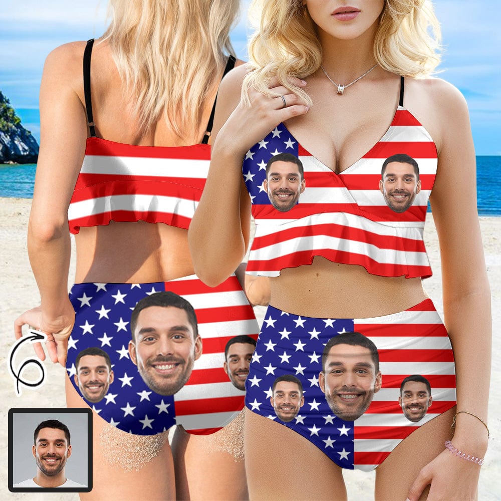 Custom Face Flag V Neck Flounce High Waisted Bikini Personalized Bathing Suit Women's Two Piece Ruffle Hem Bikini Swimsuit Summer Beach Pool Outfits