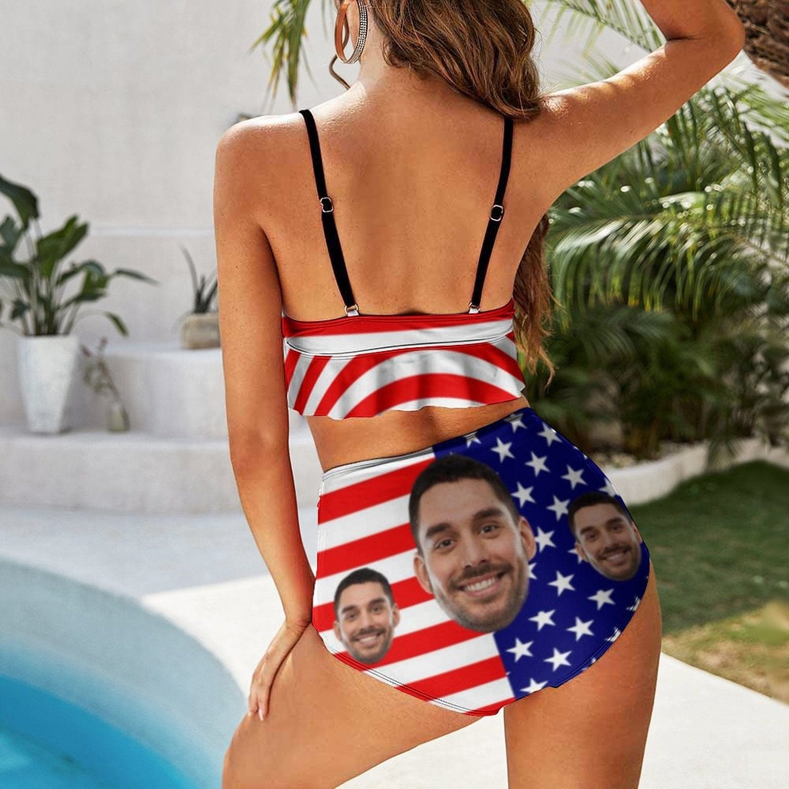 Custom Face Flag V Neck Flounce High Waisted Bikini Personalized Bathing Suit Women's Two Piece Ruffle Hem Bikini Swimsuit Summer Beach Pool Outfits