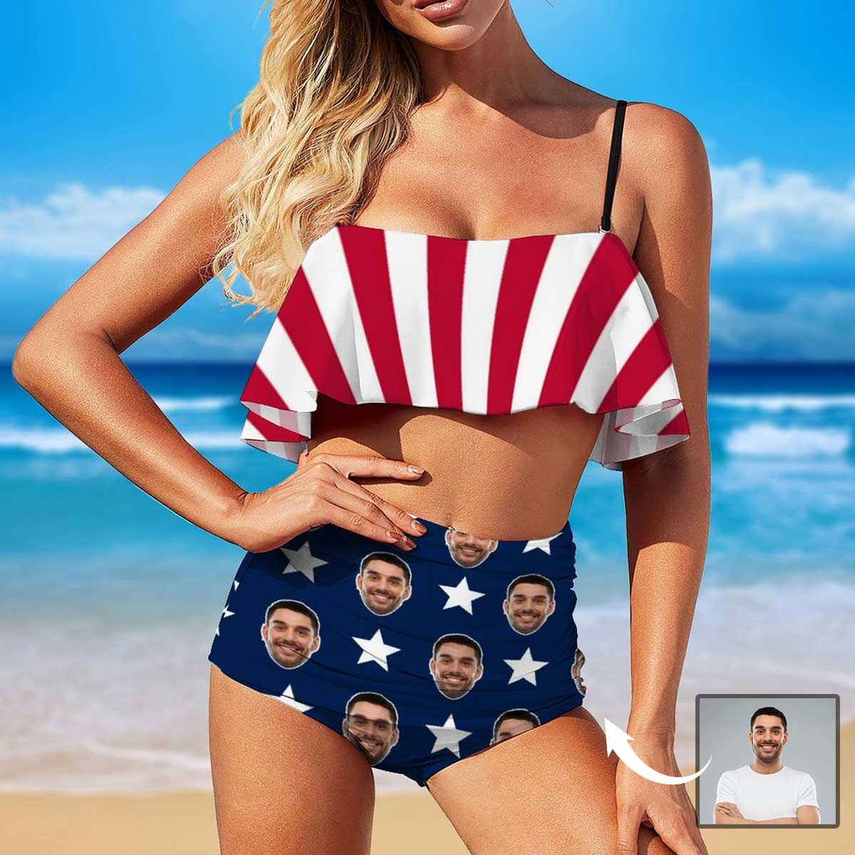 Custom Face American Flag Ruffle Bikini Swimsuit Personalized Women's Two Piece Bathing Suit High Waisted Summer Beach Pool Outfits