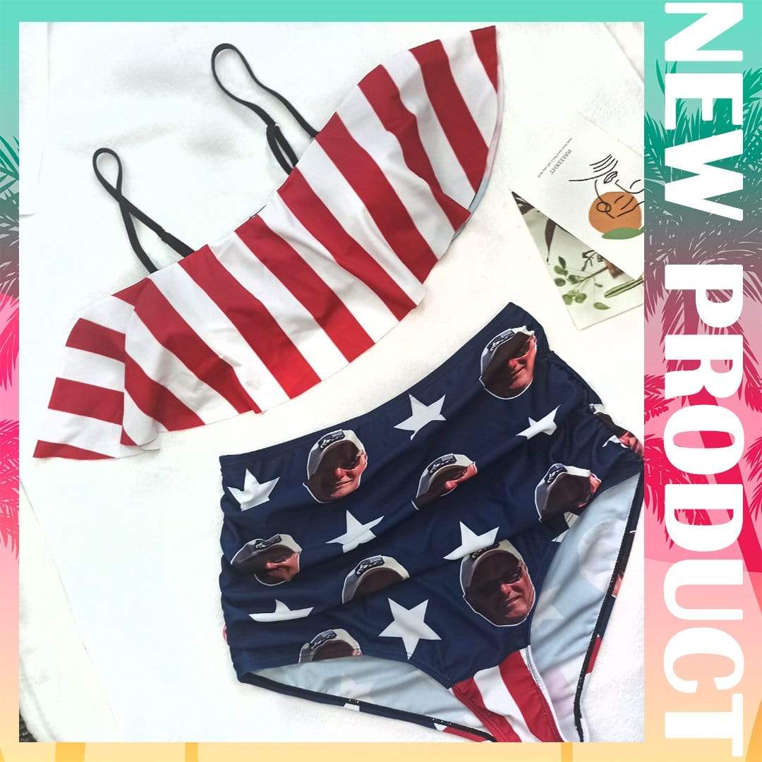 Custom Face American Flag Ruffle Bikini Swimsuit Personalized Women's Two Piece Bathing Suit High Waisted Summer Beach Pool Outfits