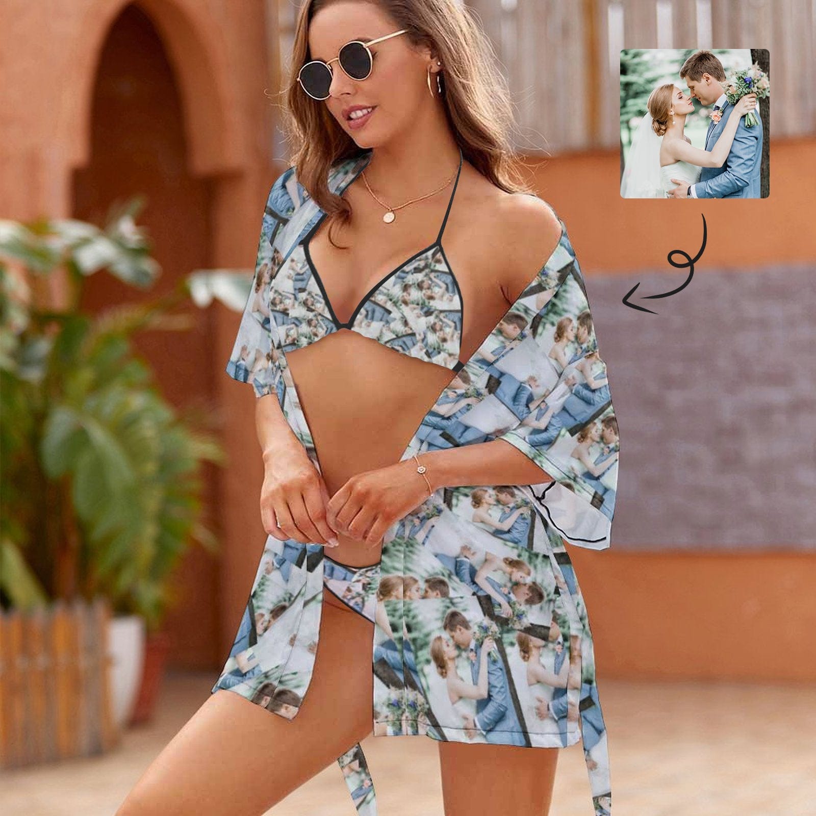 Custom Face Romantic Date String Halter Sexy Bikini & Short Robe Set For Bride and Bridesmaids In Wedding Party And Cruise Ship