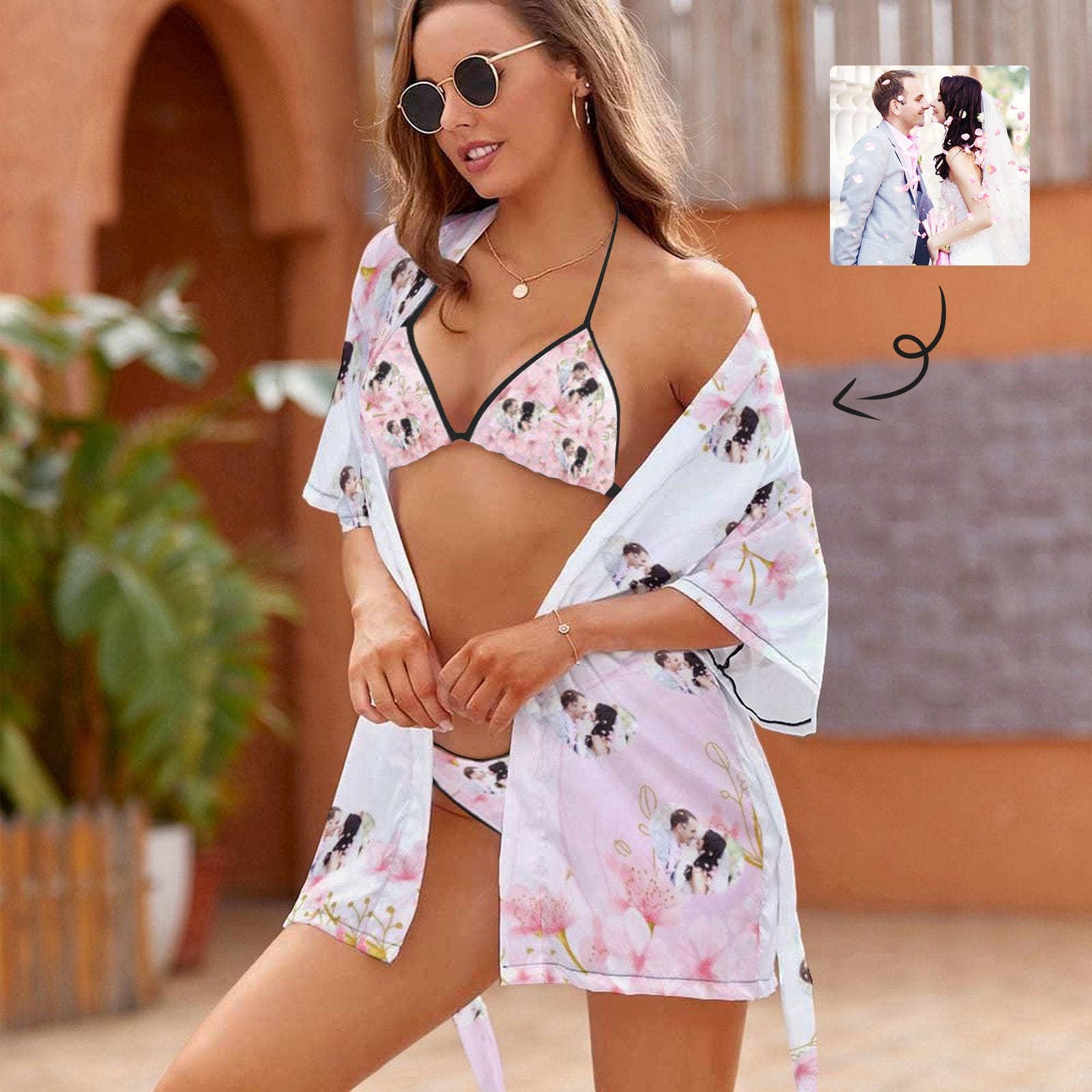 Custom Face Sweet Kiss String Halter Sexy Bikini & Short Robe Set For Bride and Bridesmaids In Wedding Party And Cruise Ship