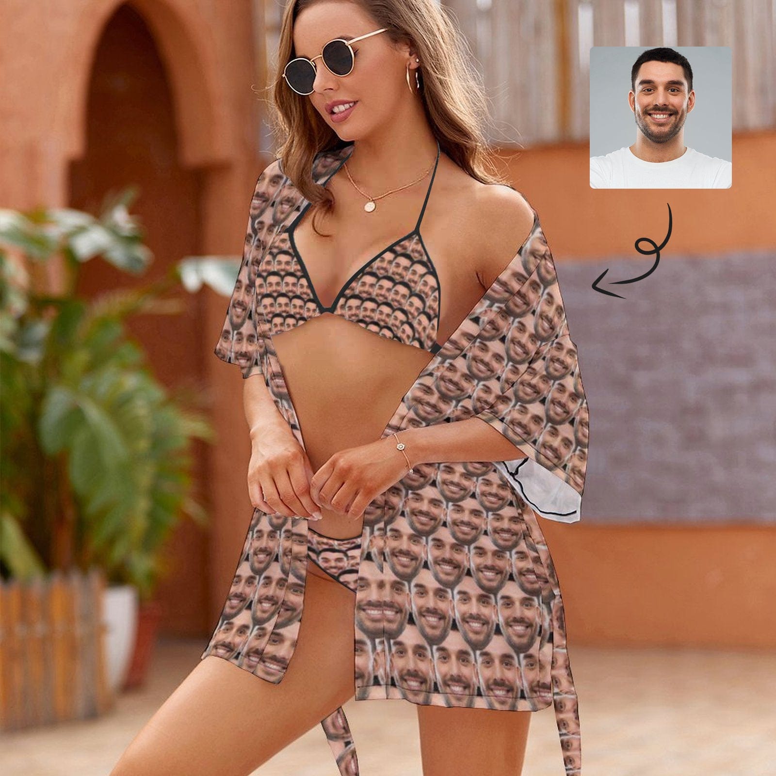 Custom Seamless Face String Halter Sexy Bikini & Short Robe Set For Bride and Bridesmaids In Wedding Party And Cruise Ship