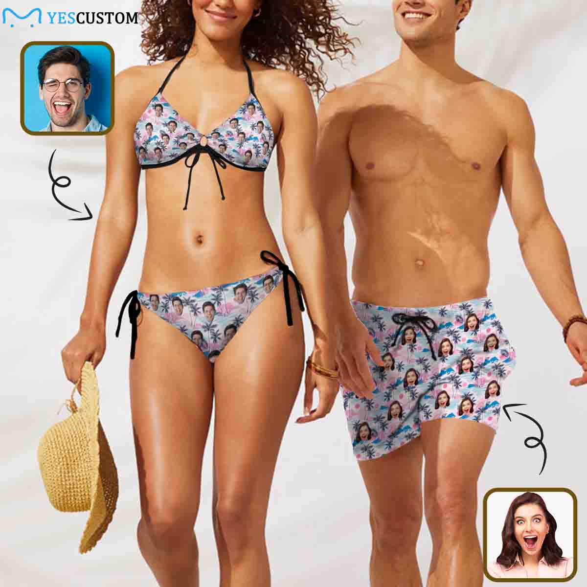 Custom Face Tropical Tree Swimsuit Women's Bikini Men's Swim Shorts