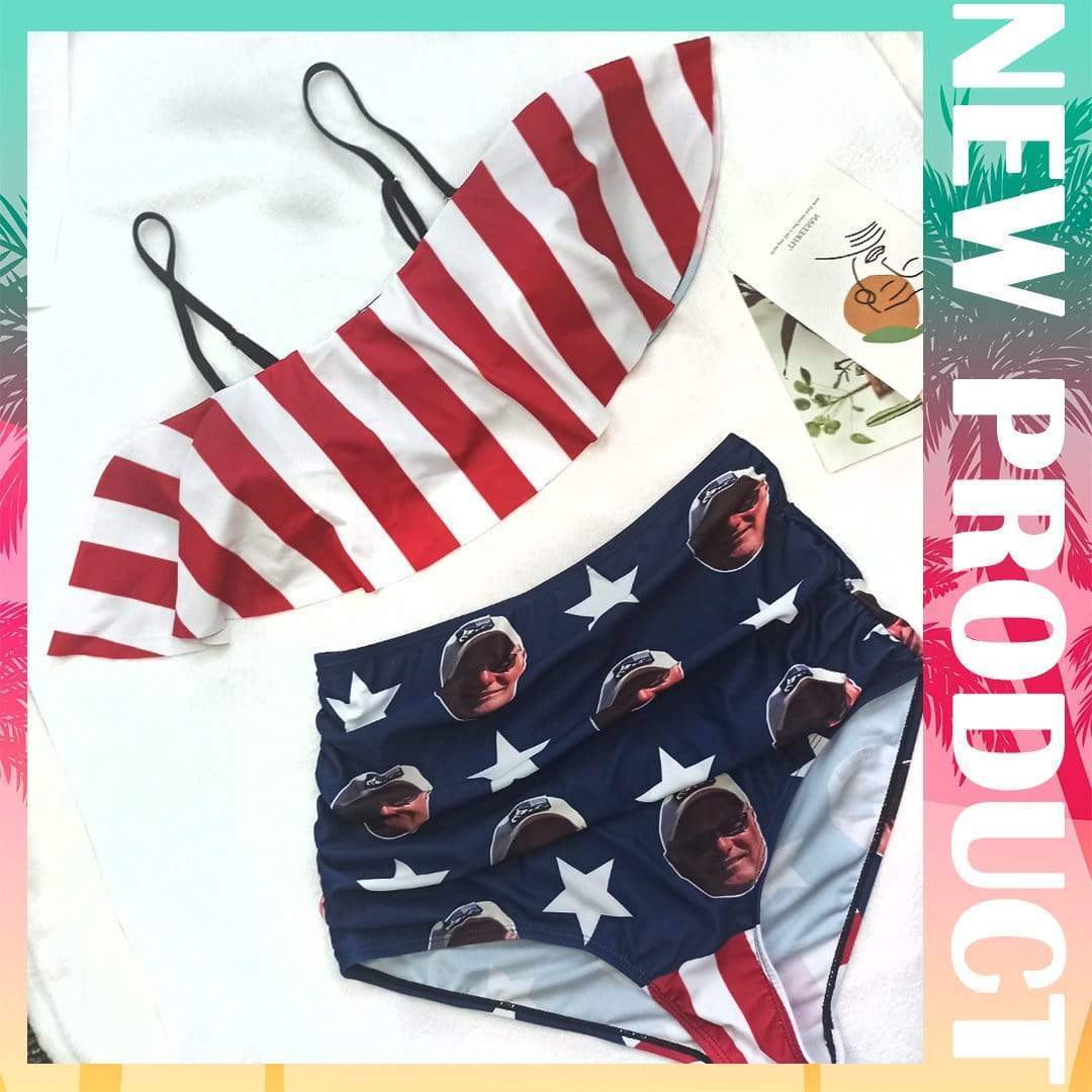 Custom #Bikini Top&Bikini Bottom-Custom Face Stripe Star Flag Ruffle Bikini Personalized Bikini Top And Bikini Bottom Fits All Body Types - YesCustom