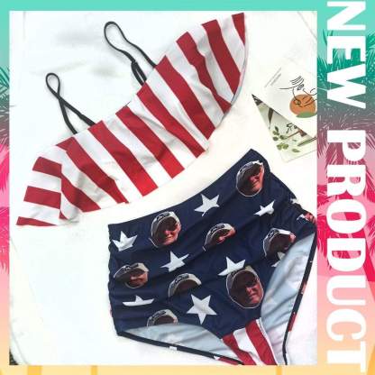 Custom #Bikini Top&Bikini Bottom-Custom Face Stripe Star Flag Ruffle Bikini Personalized Bikini Top And Bikini Bottom Fits All Body Types - YesCustom
