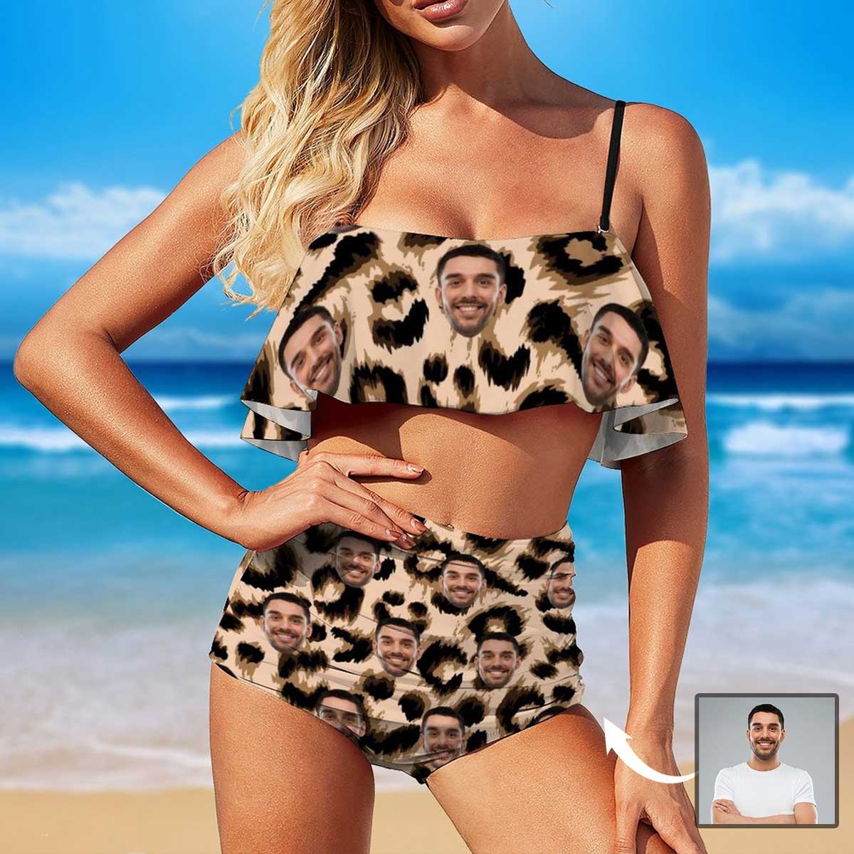 Custom Face Leopard Ruffle Bikini Personalized Bathing Suit Women's Two Piece High Waisted Bikini Swimsuit Summer Beach Pool Outfits - YesCustom