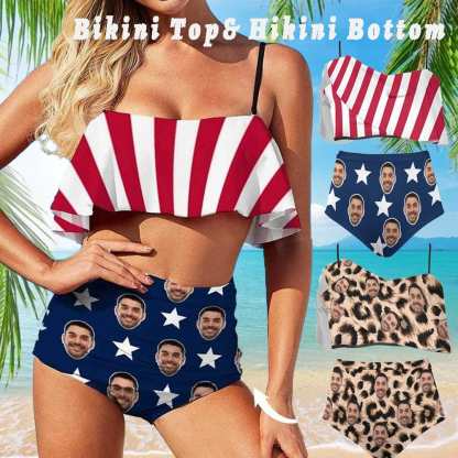 Custom #Bikini Top&Bikini Bottom-Custom Face Stripe Star Flag Ruffle Bikini Personalized Bikini Top And Bikini Bottom Fits All Body Types - YesCustom