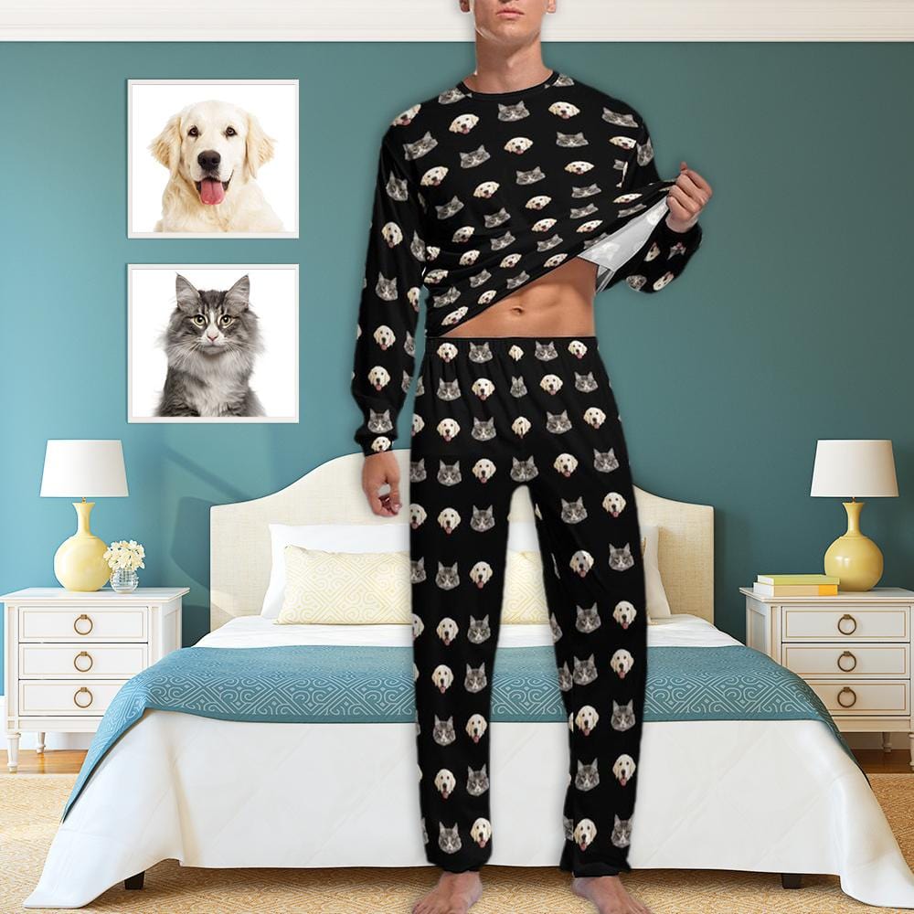 Custom Black Pajamas Custom Pets Face Men's All Over Print Pajama Set Personalized Photo Loungewear for Him - YesCustom