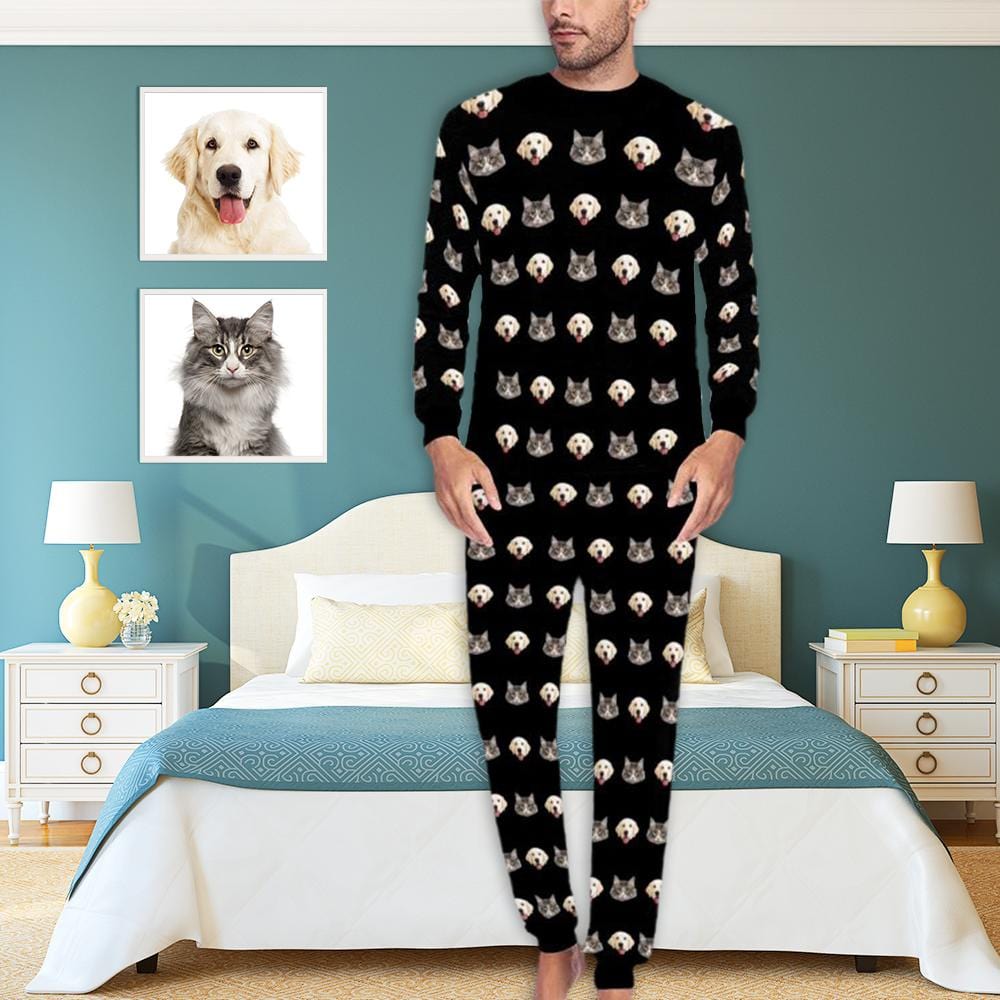 Custom Black Pajamas Custom Pets Face Men's All Over Print Pajama Set Personalized Photo Loungewear for Him - YesCustom
