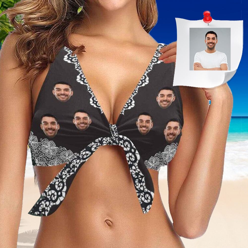 Custom Bow Bikini Top-Custom Boyfriend Face Black Pattern Swimwear Top Personalized Bow Bikini Top - YesCustom