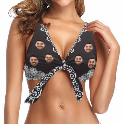 Custom Bow Bikini Top-Custom Boyfriend Face Black Pattern Swimwear Top Personalized Bow Bikini Top - YesCustom