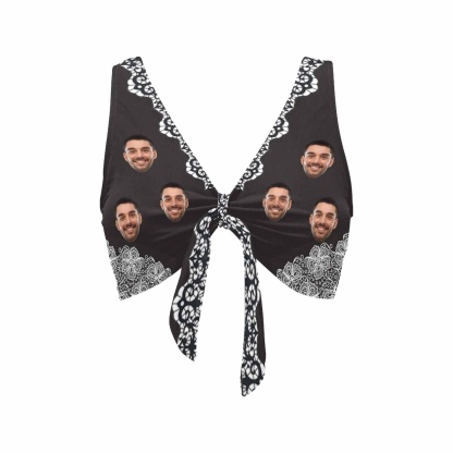 Custom Bow Bikini Top-Custom Boyfriend Face Black Pattern Swimwear Top Personalized Bow Bikini Top - YesCustom
