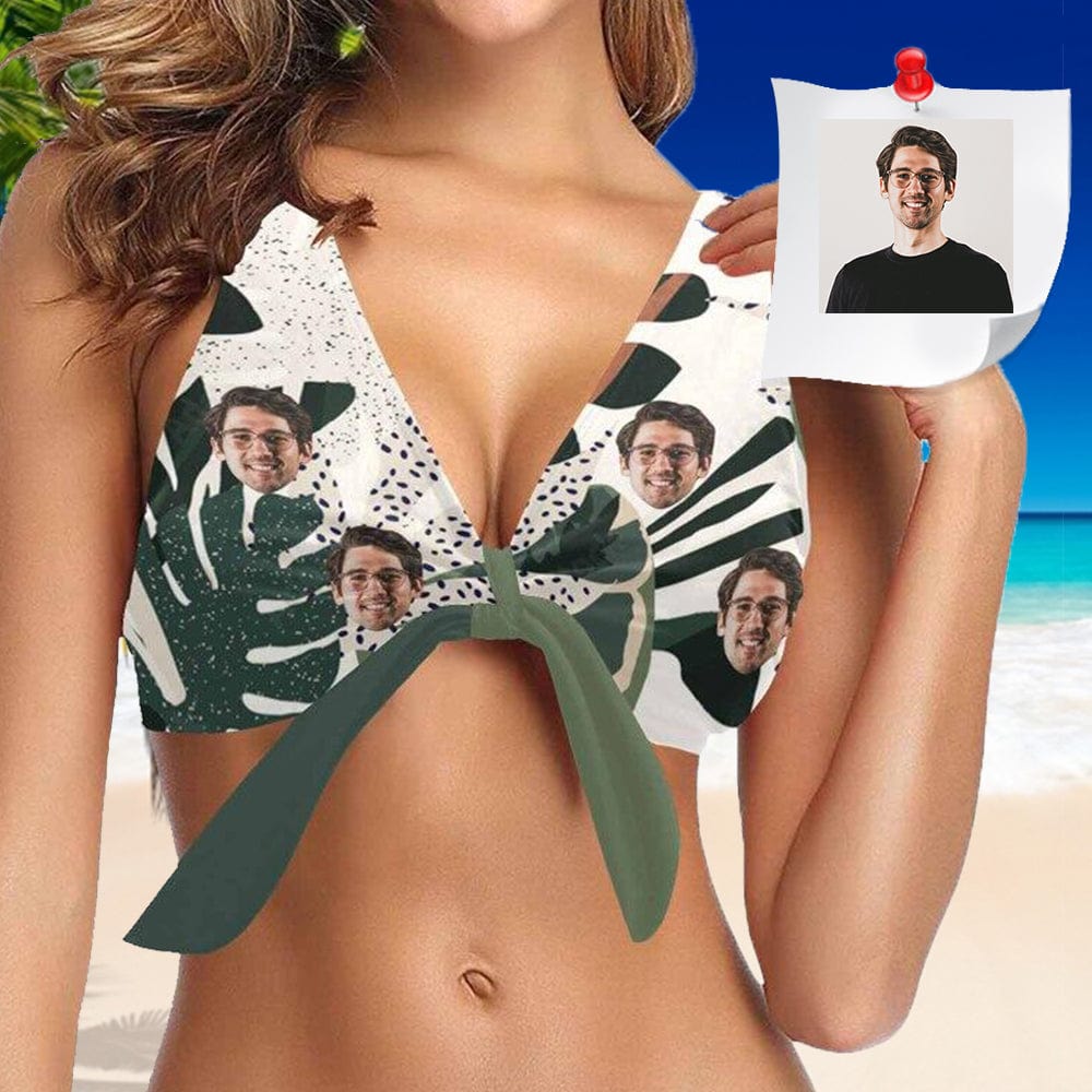 Custom Bow Bikini Top-Custom Boyfriend Face Green Plants Swimwear Top Personalized Swimsuit Bow Bikini Top - YesCustom