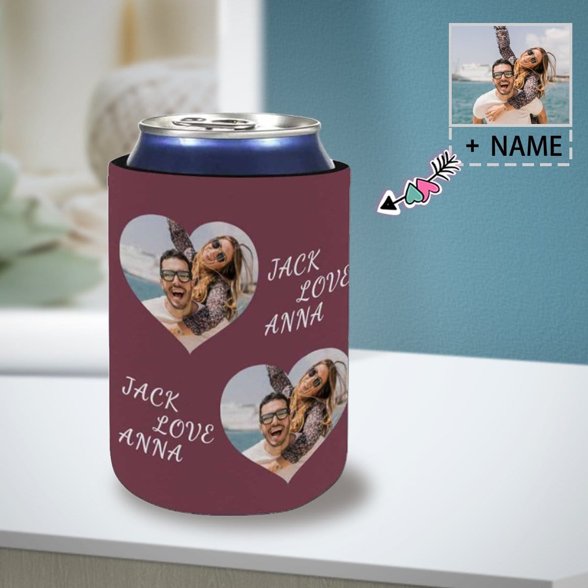 Custom Photo&Name Couple Wedding Koozies Personalized Heart Can Cooler