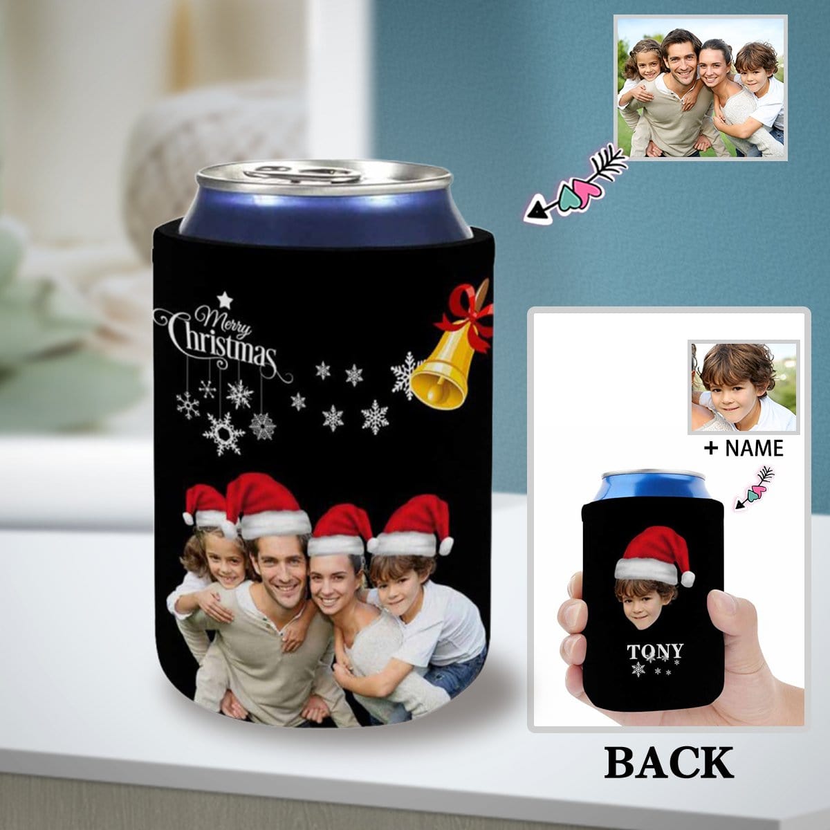 Custom Photo&Name Christmas Can Cooler Personalized Red Hat Koozies