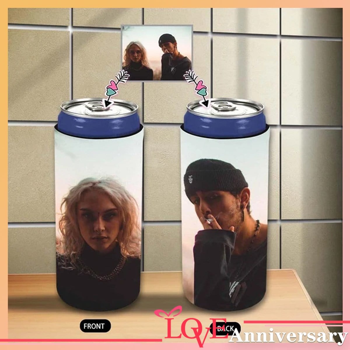 Slim Can Cooler Sleeves With Couple Photo Personalized Soft Can Cooler