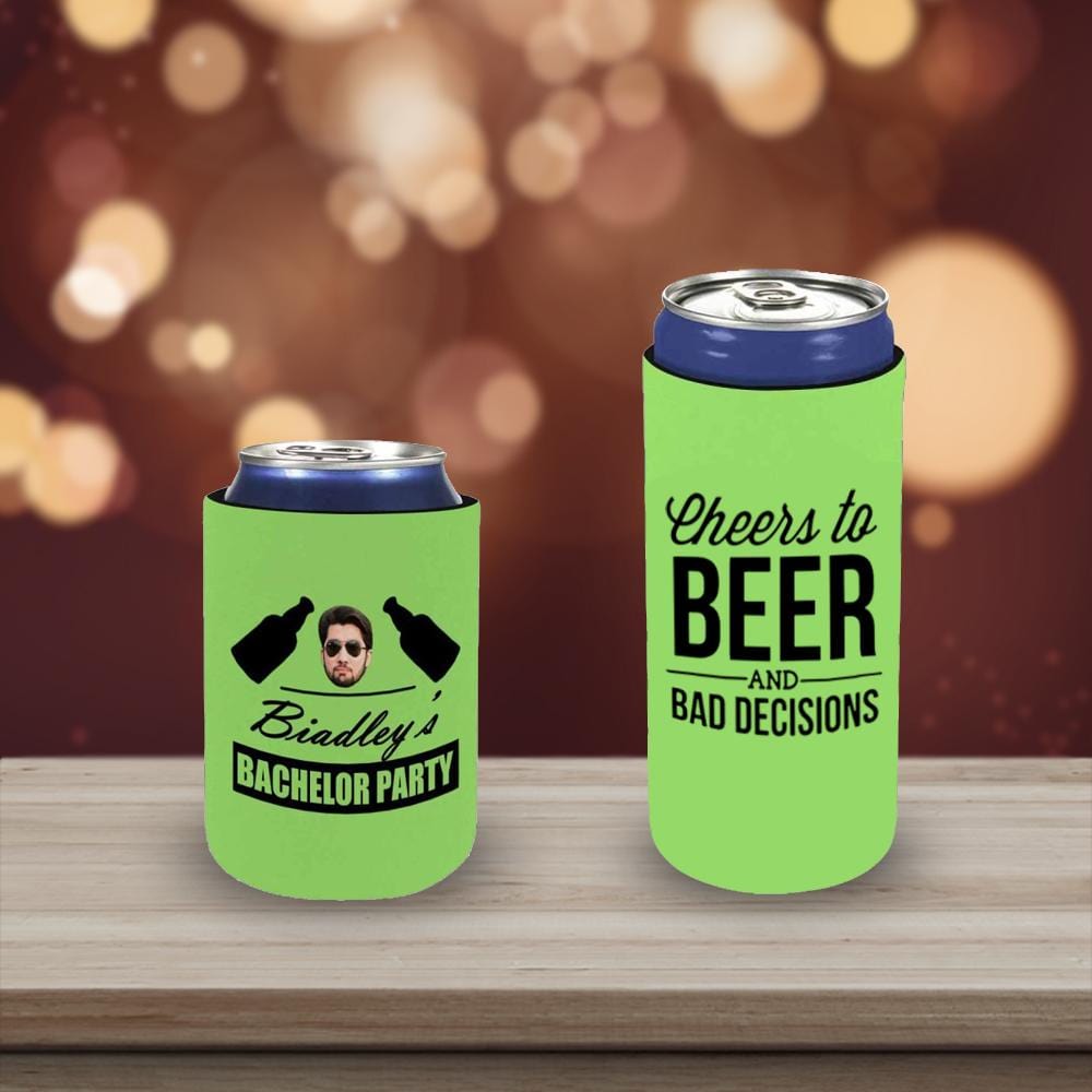 Slim Can Cooler With Face&Name Cheers Green Personalized Can Cooler