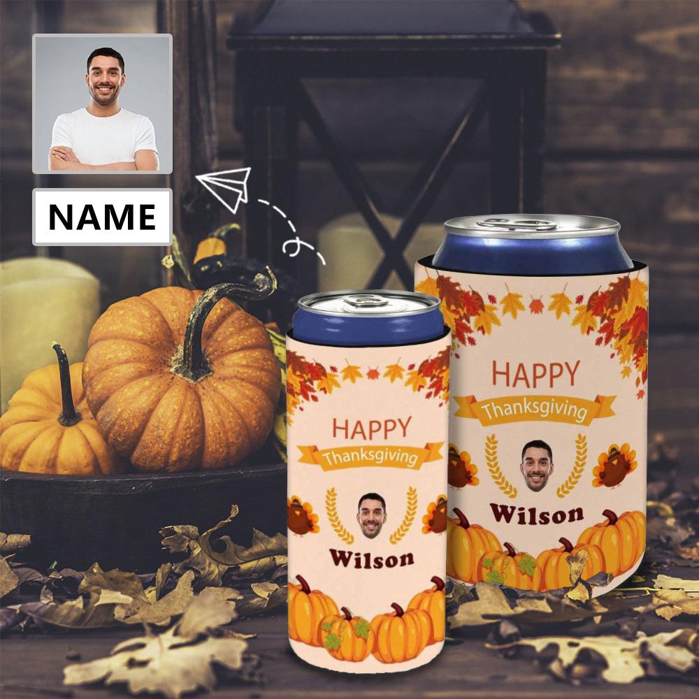Slim Can Cooler Sleeves With Photo&Name Happy Thanksgiving Can Cooler