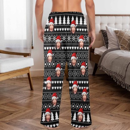 Custom Coral Fleece Pajama Trousers-Custom Face Black Christmas Background Red Hat Warm and Comfortable Sleepwear Long Pajama Pants For Men Women - YesCustom