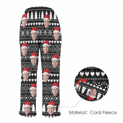Custom Coral Fleece Pajama Trousers-Custom Face Black Christmas Background Red Hat Warm and Comfortable Sleepwear Long Pajama Pants For Men Women - YesCustom