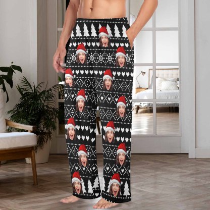 Custom Coral Fleece Pajama Trousers-Custom Face Black Christmas Background Red Hat Warm and Comfortable Sleepwear Long Pajama Pants For Men Women - YesCustom