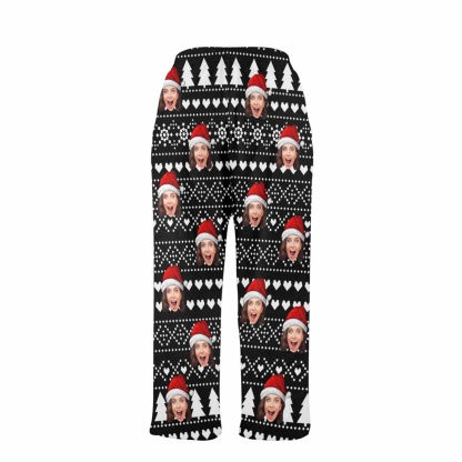 Custom Coral Fleece Pajama Trousers-Custom Face Black Christmas Background Red Hat Warm and Comfortable Sleepwear Long Pajama Pants For Men Women - YesCustom
